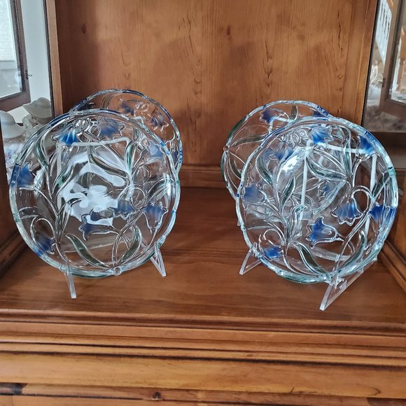 Mikasa Crystal Blue Bell & Green Flower Tulip Serving Dessert Fruits Plates